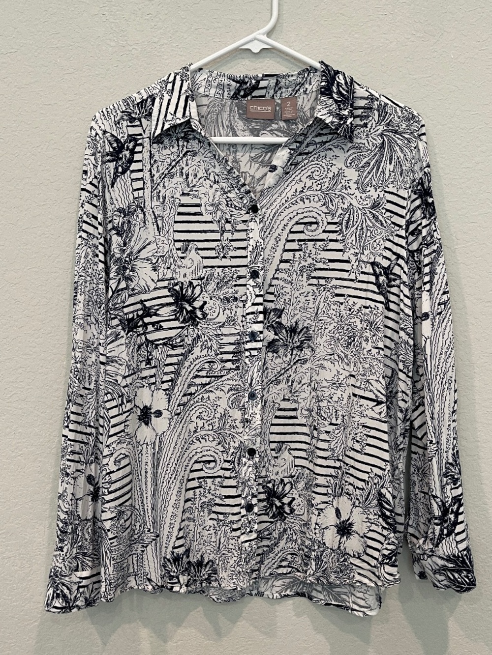 Chico's Button Up Shirt Women's 2 US L Floral Birds Print Roll Tab Sleeves